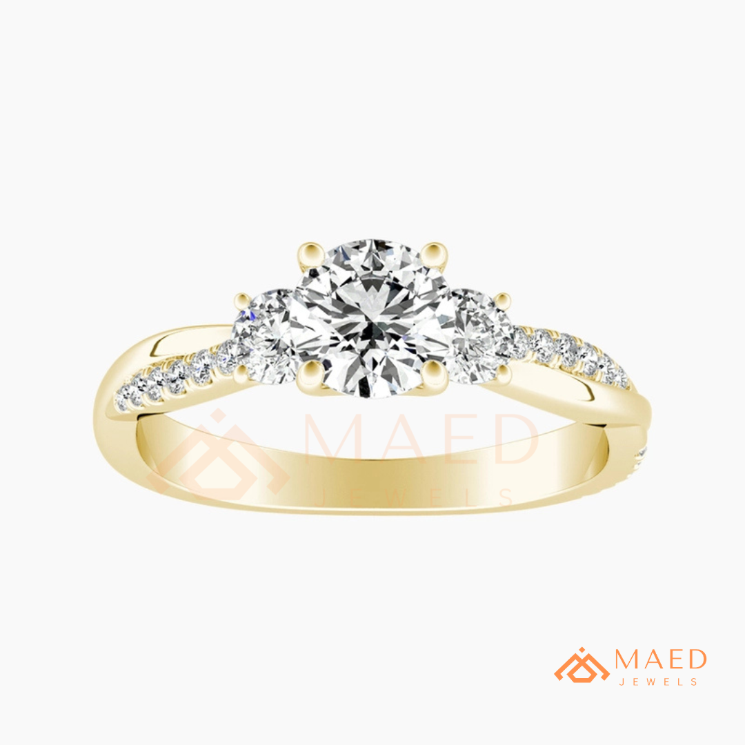 Classic 3-Stone Twisted Pavé Diamond Simulant Ring in Gold, Rose Gold & Silver