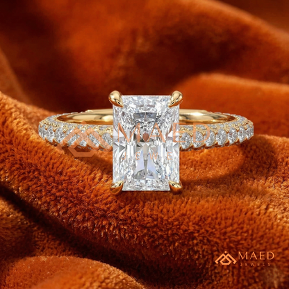Radiant Cut Engagement Ring with Three-Row Pavé Band | 14k Gold, Rose Gold & Silver