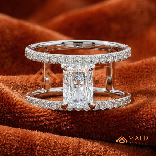 Radiant Cut Double Band Engagement Ring | Floating Open Spacer Pavé Cuff
