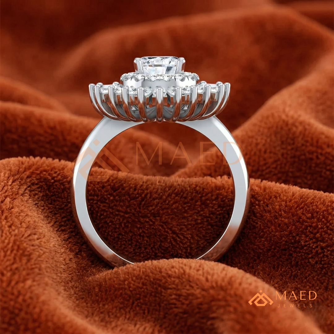 Vintage Art Deco Starburst Halo Ring in Sterling Silver, 14k Gold, or 14k Rose Gold