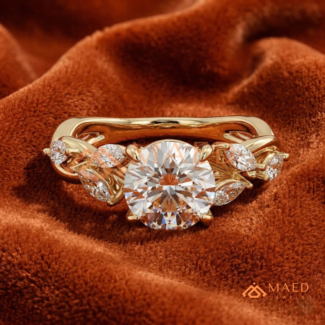 Nature Inspired Round Cut Moissanite Engagement Ring, Marquise Diamond Vine Leaf Wedding Ring in Silver, 14K Gold & Rose Gold
