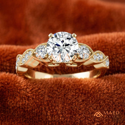 Vintage-Inspired Three-Stone Engagement Ring with Milgrain Twisted Band
