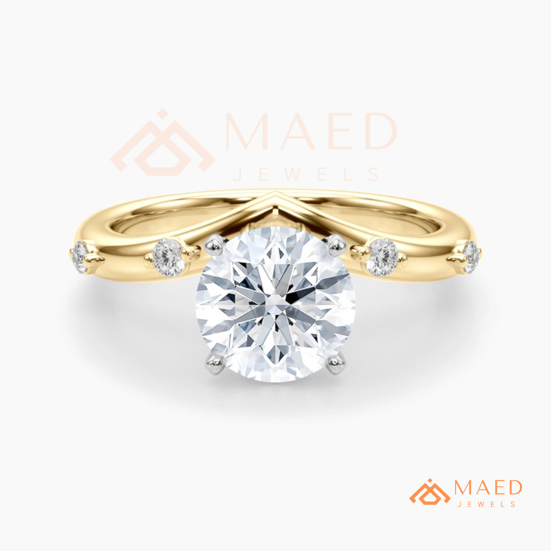 Round Cut Chevron Engagement Ring in Sterling Silver, 14K Gold & 14K Rose Gold