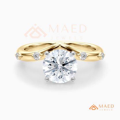 Round Cut Chevron Engagement Ring in Sterling Silver, 14K Gold & 14K Rose Gold