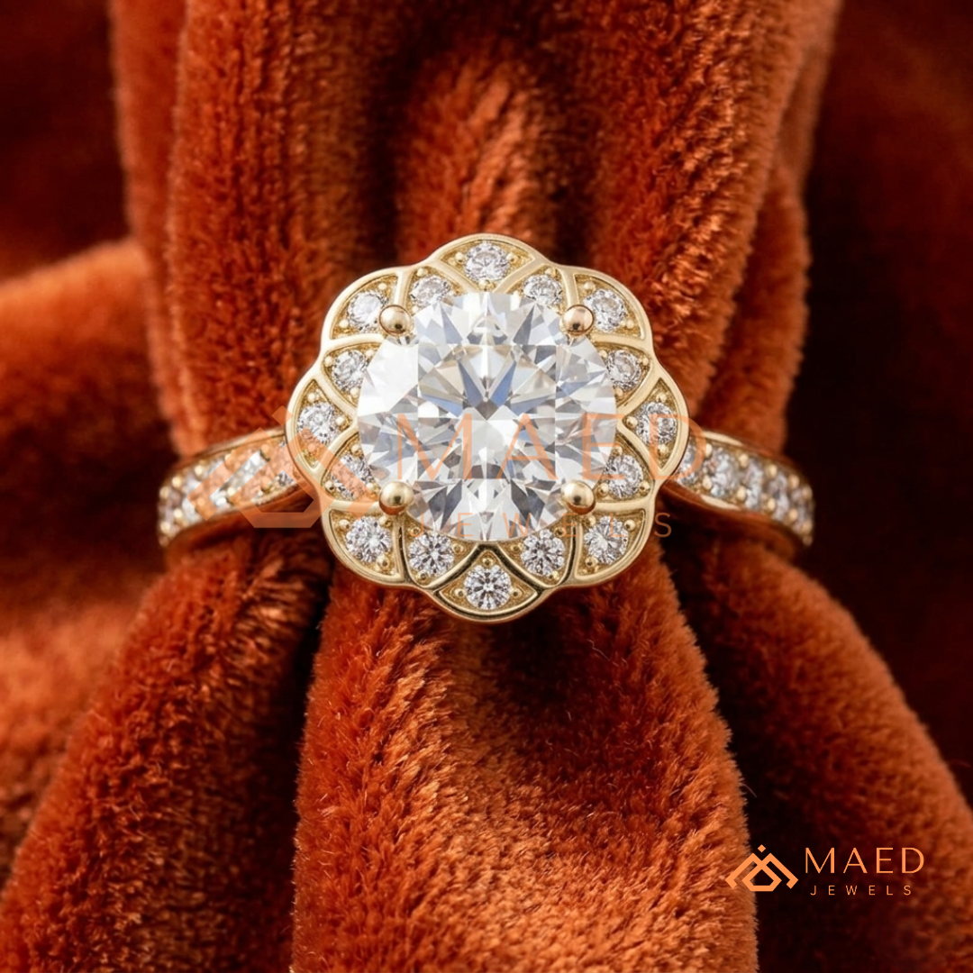 Round Cut Flower Halo Engagement Ring with Pave Band