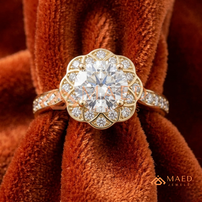 Round Cut Flower Halo Engagement Ring with Pave Band