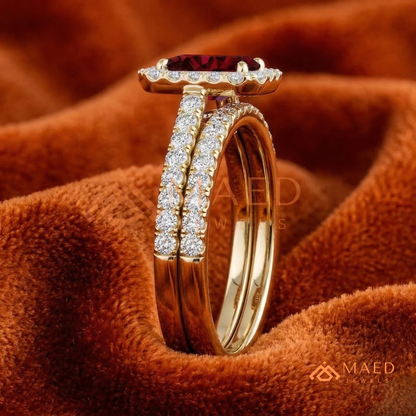 Vintage Emerald Cut Garnet Engagement Ring Set – Pavé Diamond Halo Band