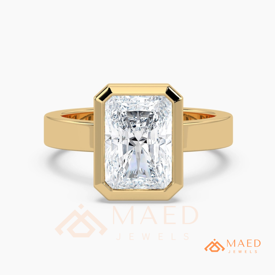 Radiant Cut Bezel Set Engagement Ring with Wide Flat Band in 14K Gold, Rose Gold & Silver