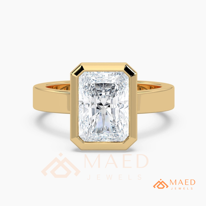 Radiant Cut Bezel Set Engagement Ring with Wide Flat Band in 14K Gold, Rose Gold & Silver