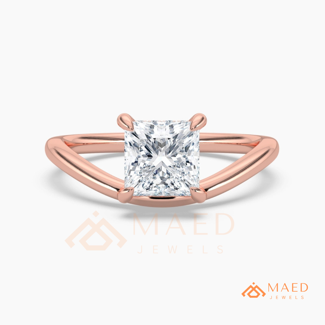 Princess Cut V-Band Solitaire Engagement Ring in 14K Gold, Rose Gold & Silver