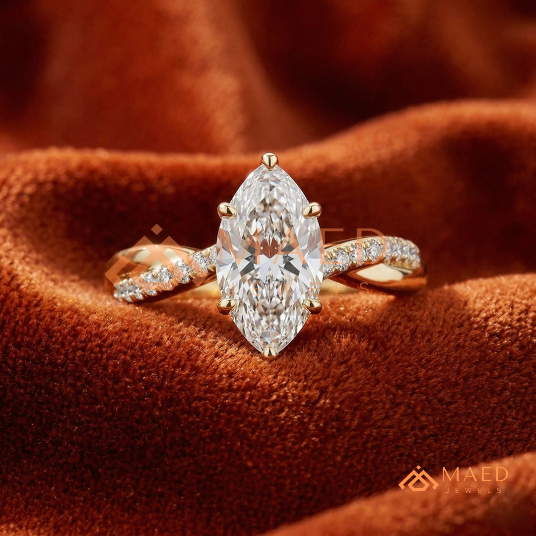 Marquise Cut Engagement Ring with Twisted Pavé Band | 14K Gold, Rose Gold & Silver