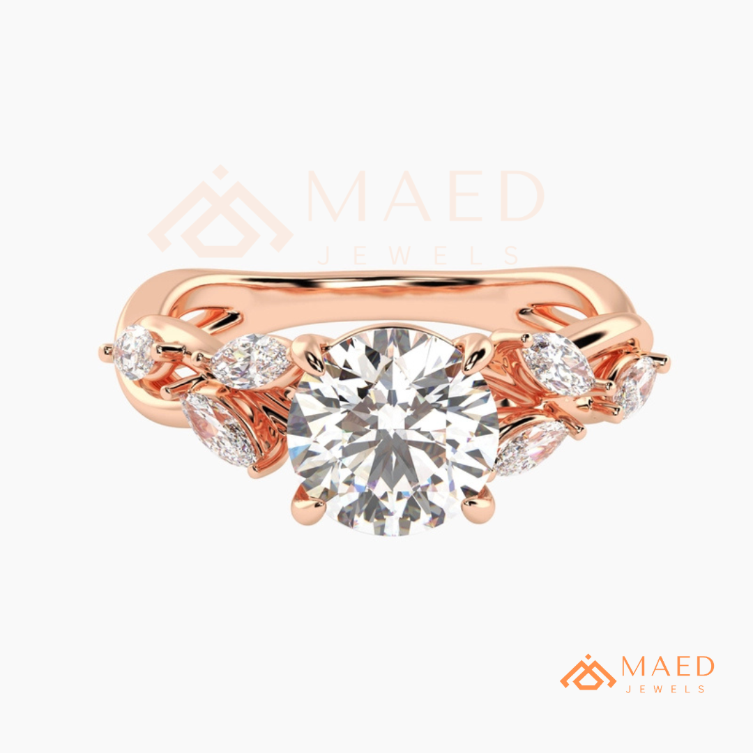 Nature Inspired Round Cut Moissanite Engagement Ring, Marquise Diamond Vine Leaf Wedding Ring in Silver, 14K Gold & Rose Gold