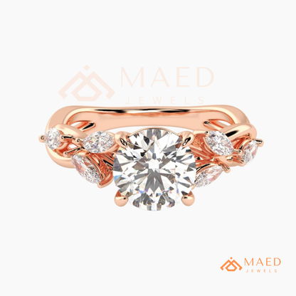 Nature Inspired Round Cut Moissanite Engagement Ring, Marquise Diamond Vine Leaf Wedding Ring in Silver, 14K Gold & Rose Gold