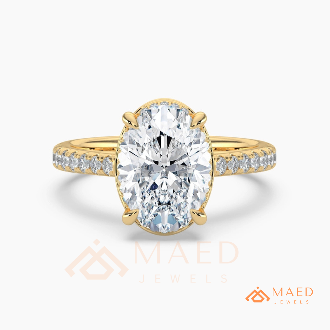 Oval Cut Hidden Halo Engagement Ring | Pavé Band in 14k Gold, Rose Gold & Silver