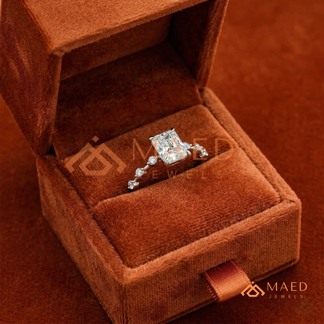 Radiant Cut Moissanite Engagement Ring in Sterling Silver, 14K Gold & Rose Gold | Art Deco Bezel-Set Accent Band