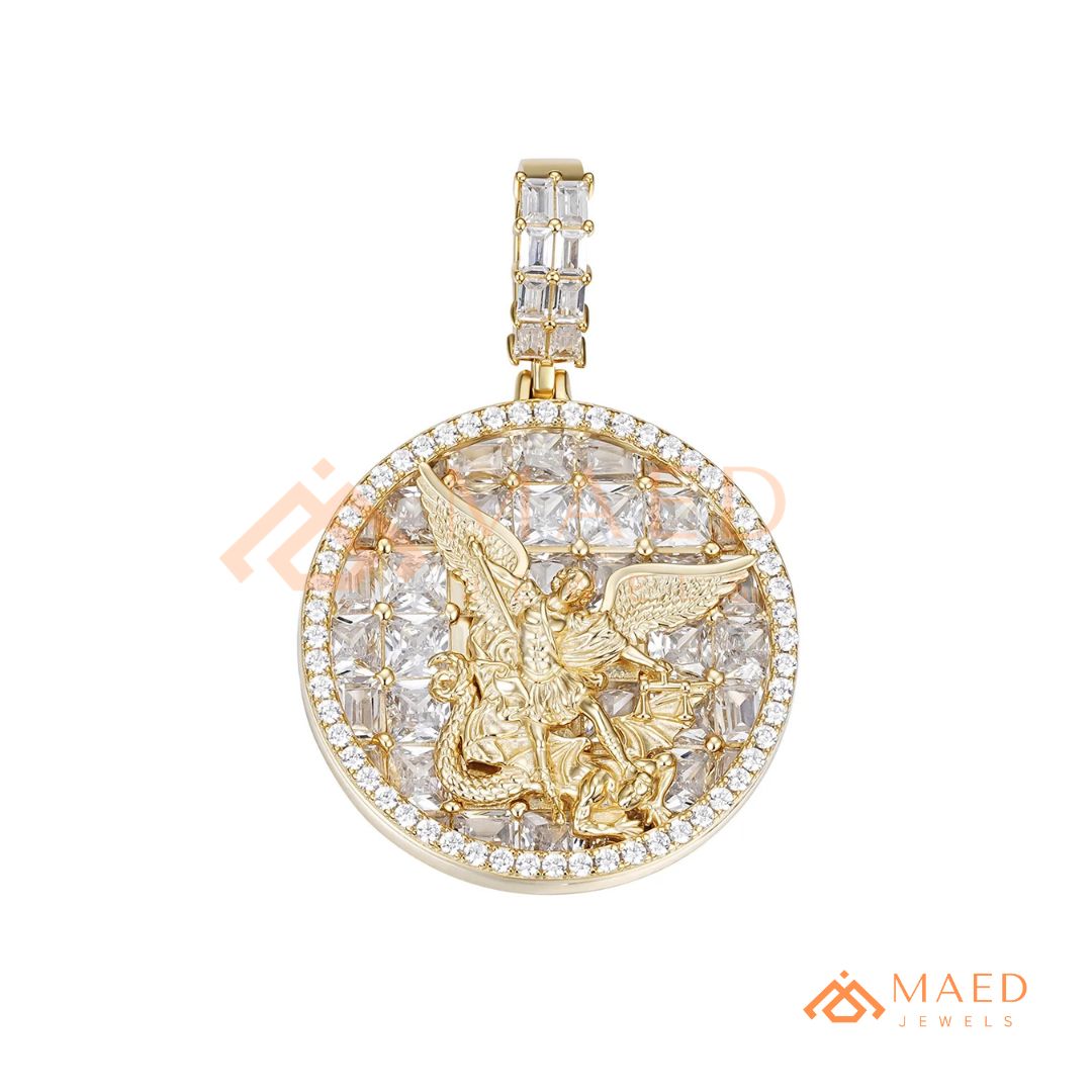 Saint Michael Medallion Pendant – Trillion Cut & Baguette Hip Hop Necklace