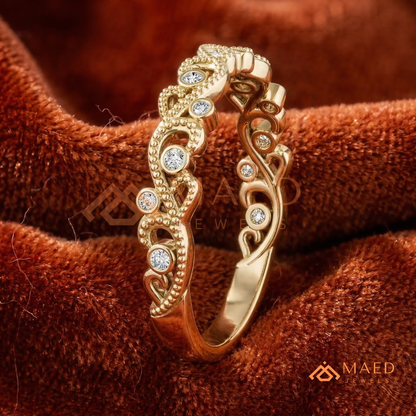 Vintage Filigree Milgrain Wedding Band in Silver, 14K Yellow & Rose Gold