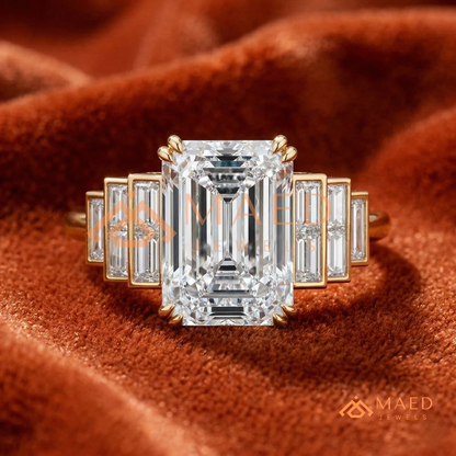 Radiant Cut Rectangular Halo Ring with Dome Triple-Row Pavé Band