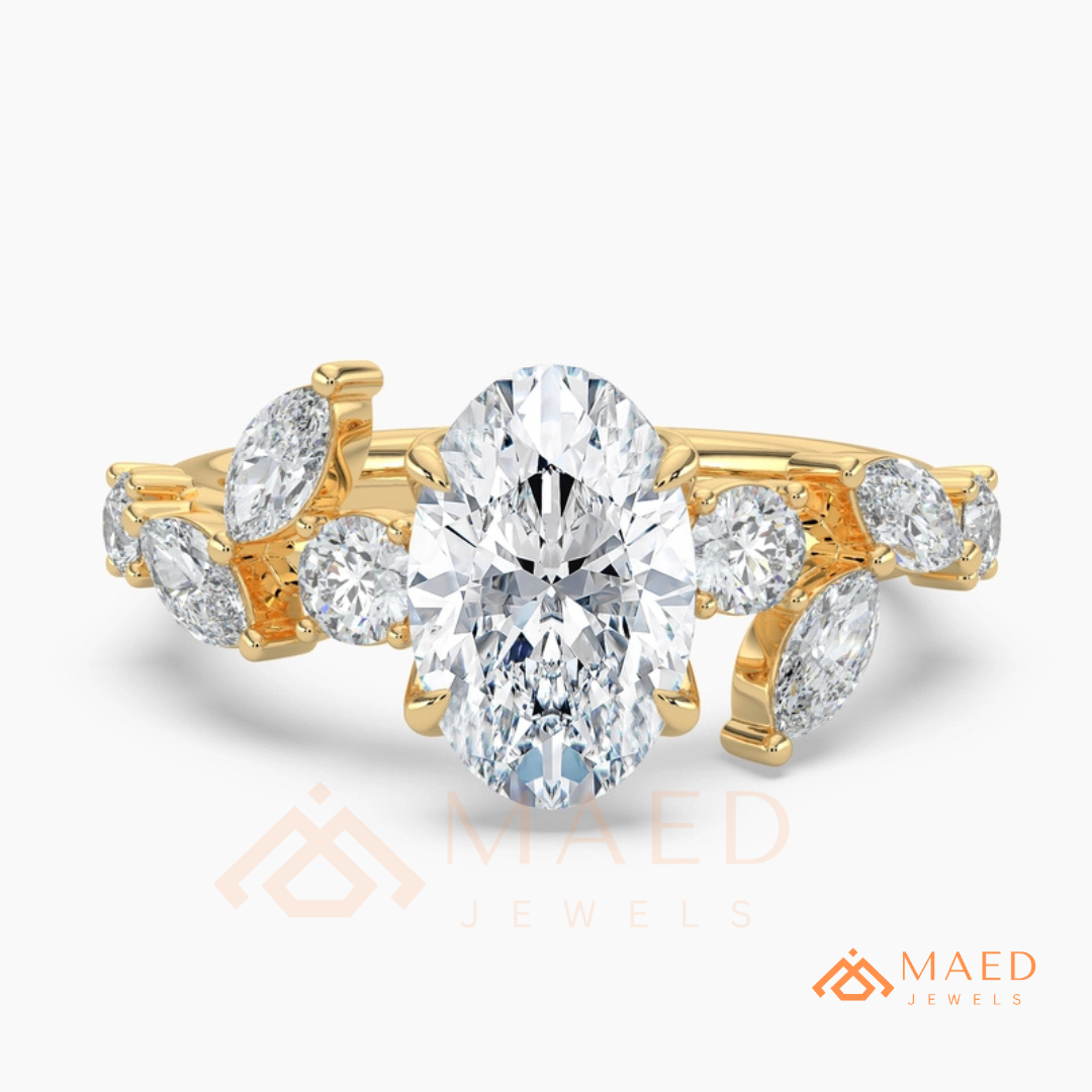 Asymmetric Oval Cut Cluster Engagement Ring | Marquise Leaf Vine Band