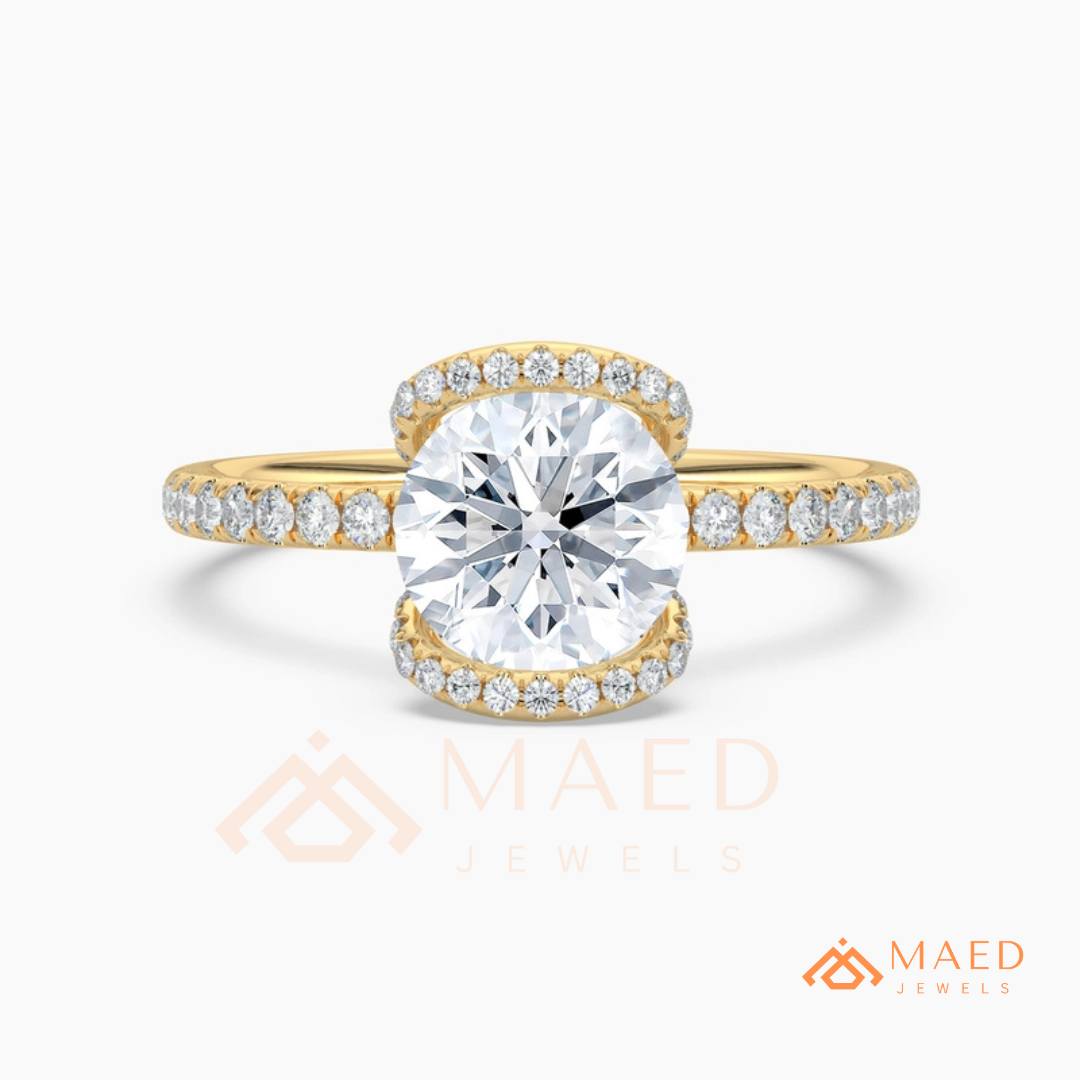 Modern Round Cut Open Arc Halo Engagement Ring in 14K Gold, Rose Gold & Silver