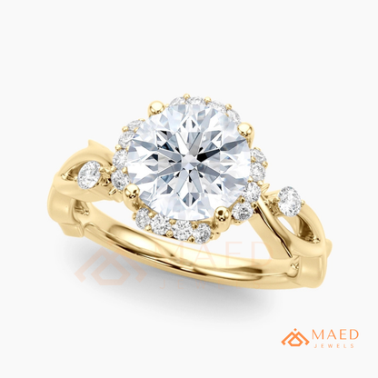 Round Cut Floral Halo Engagement Ring with Twisted Infinty Band in 14K Gold, Rose Gold & Silver