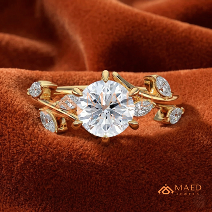 Nature Inspired Round Moissanite Engagement Ring, 6-Prong Marquise Leaf Twig Wedding Ring in Silver, 14K Gold & Rose Gold