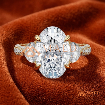 Oval Cut Engagement Ring with Half Moon Side Stones and Pavé Band in Silver, 14K Gold, & 14K Rose Gold