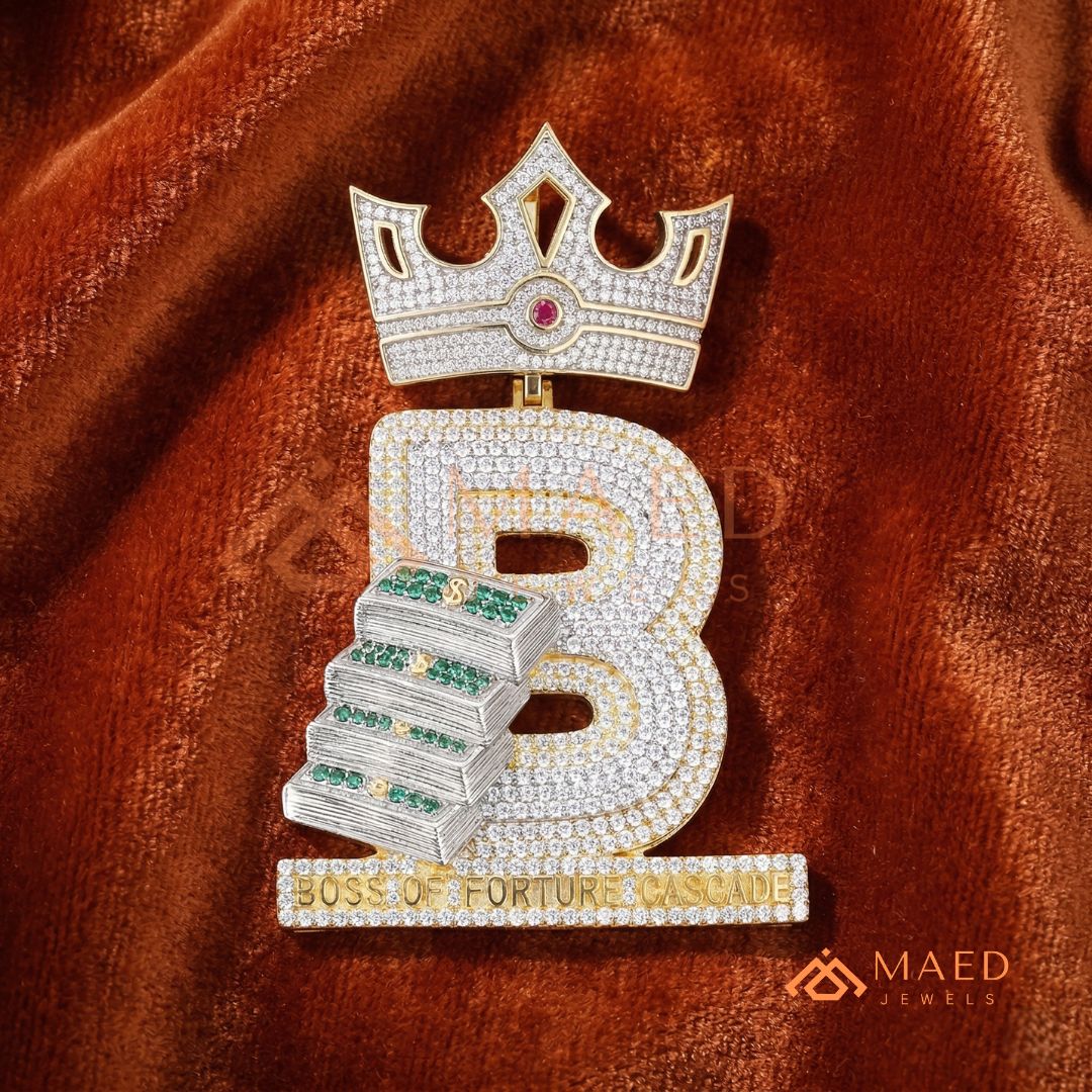 Custom Crown Initial "B" Money Stack Pendant in Sterling Silver & 14K Gold