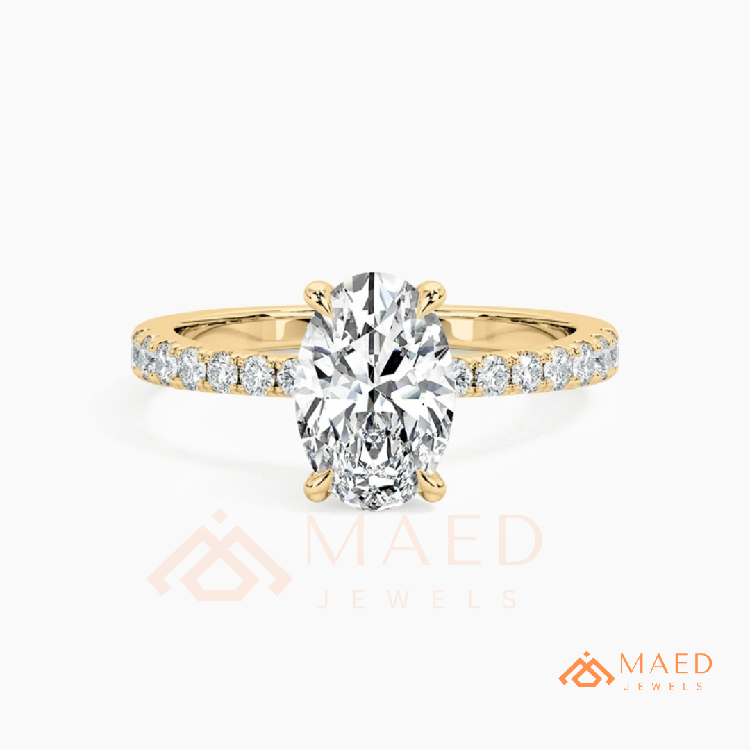 Oval Cut Engagement Ring with Pavé Band in Silver, 14K Gold, & 14K Rose Gold