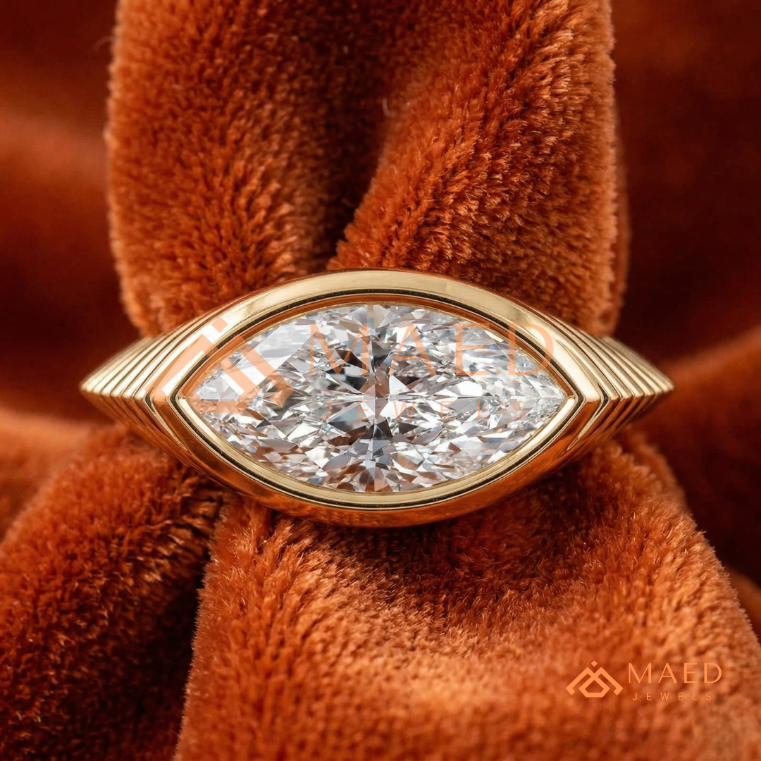East-West Marquise Bezel Engagement Ring | Fluted Band in 14K Gold, Rose Gold & Silver