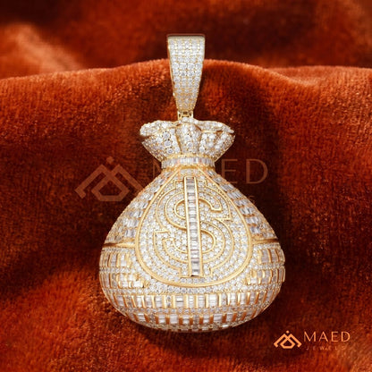 Fully Iced Out Money Bag Pendant – Baguette & Micro Pave Hip Hop Necklace