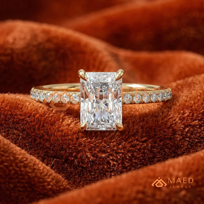 Radiant Cut Moissanite Engagement Ring in Sterling Silver, 14K White Gold & Rose Gold | Hidden Halo Diamond Band For Women