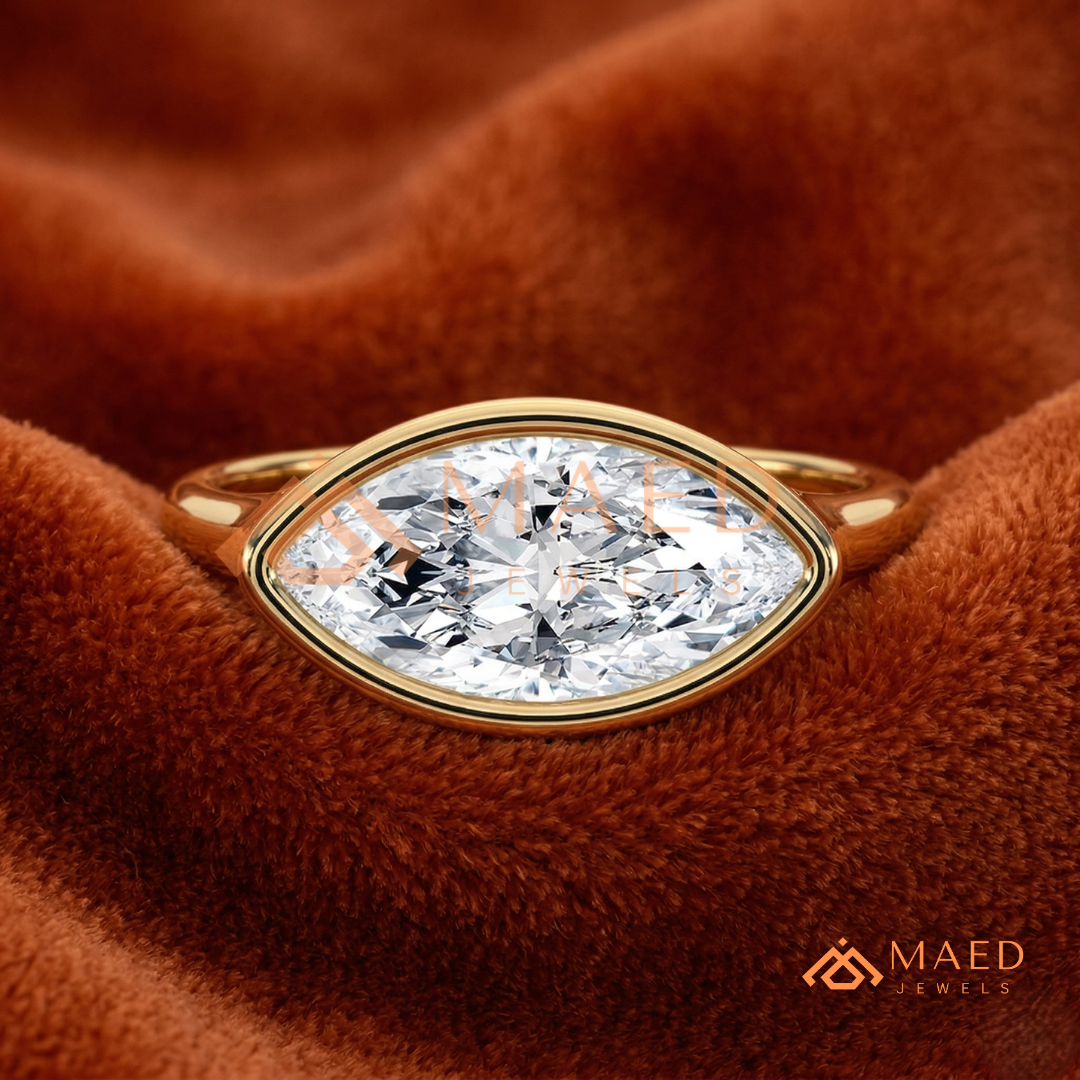 East-West Marquise Cut Bezel Engagement Ring | 14k Gold, Rose Gold & Sterling Silver Modern Solitaire Band