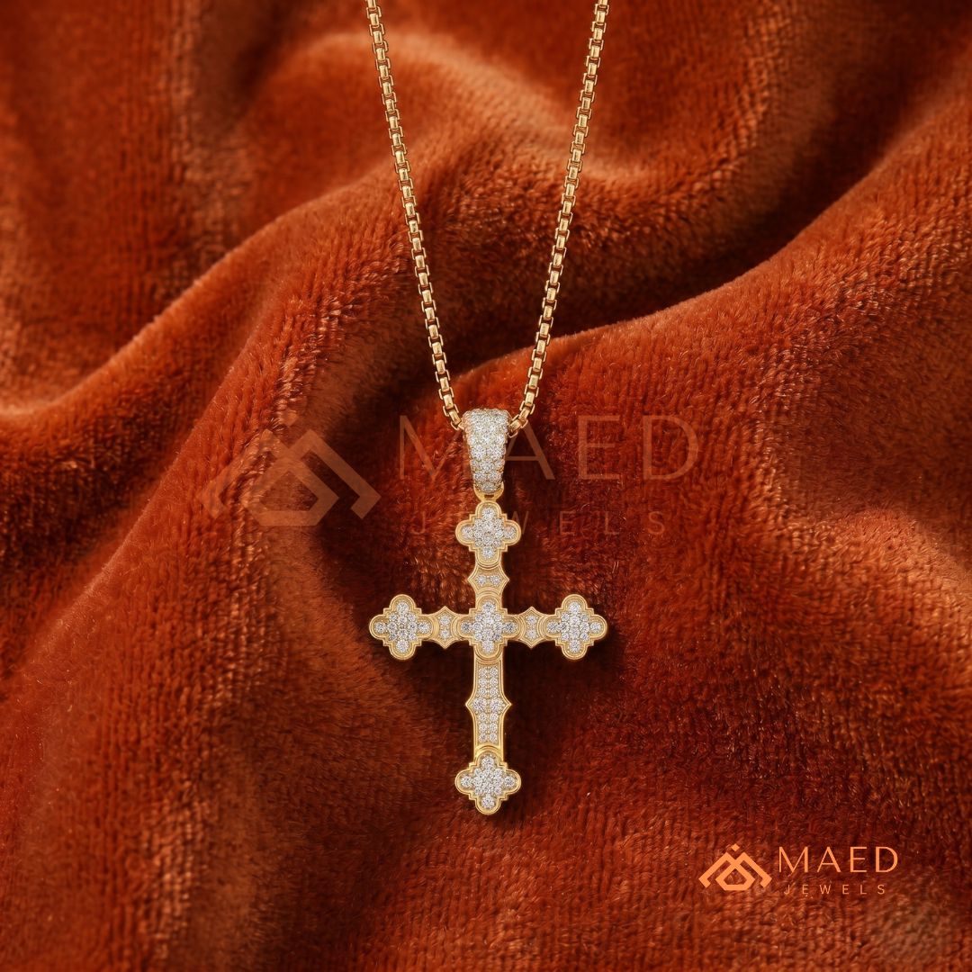 The Cathedral Pavé Cross | Ornate Trefoil Gothic Crucifix Pendant