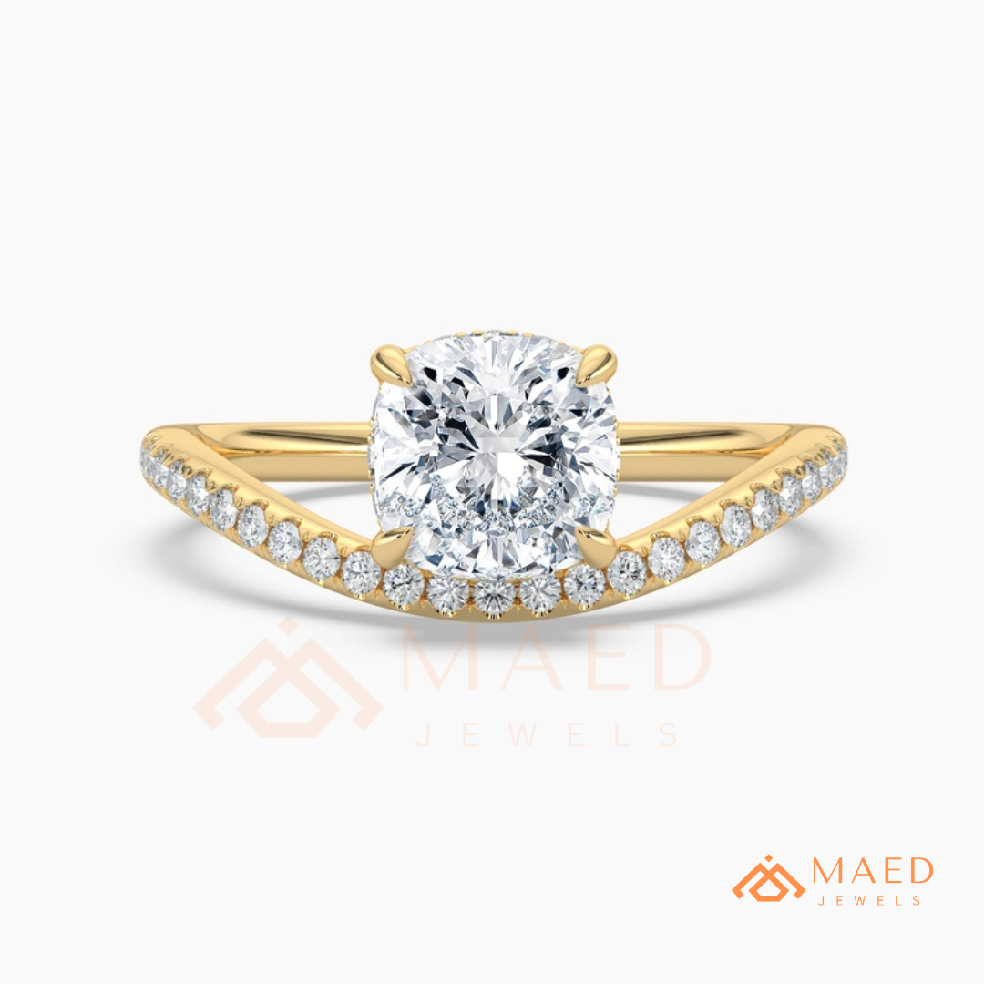 Cushion Cut Moissanite Chevron Engagement Ring, Curved Pavé Diamond Wishbone Wedding Ring in Silver, 14K Gold & Rose Gold