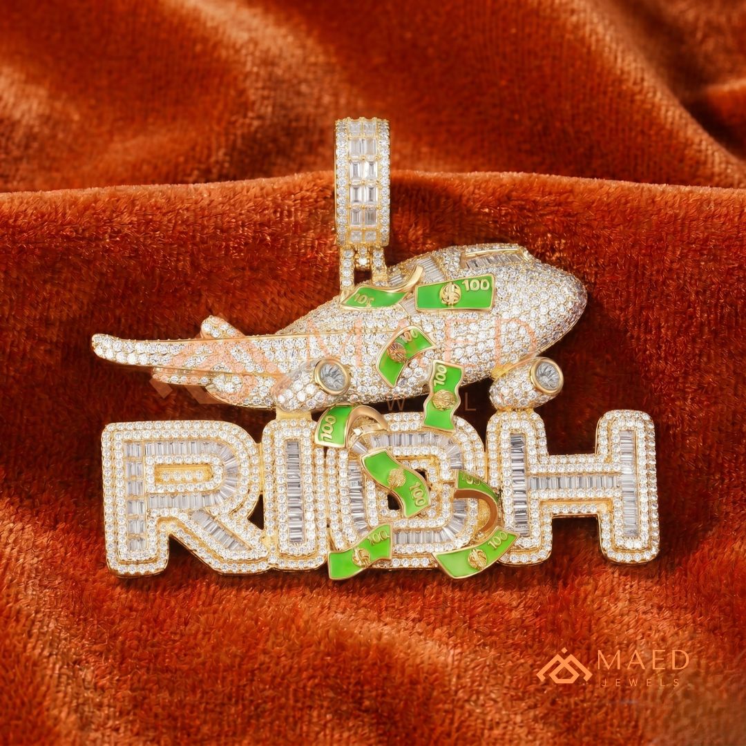 "RICH" Jet & Money Statement Pendant – Iced Out Luxury Medallion