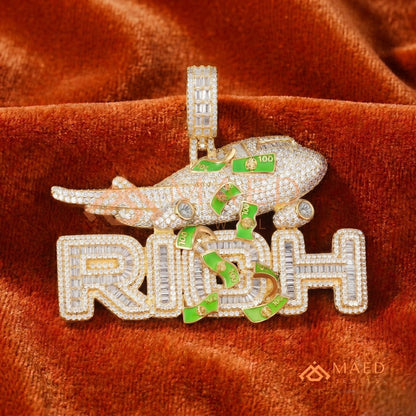 "RICH" Jet & Money Statement Pendant – Iced Out Luxury Medallion