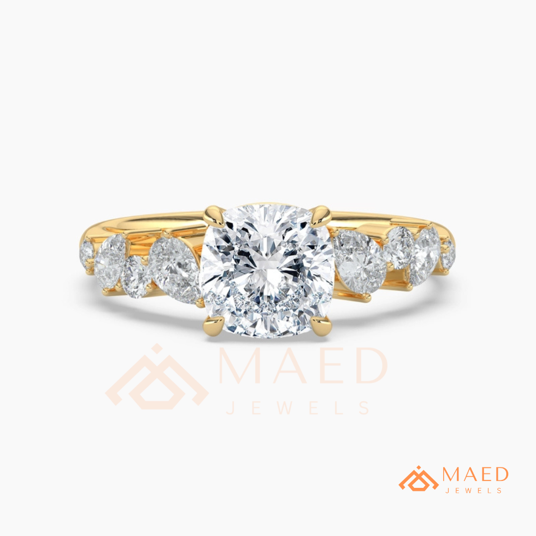 Cushion Cut Engagement Ring with Pear Accent Band in Silver, 14K Gold, & 14K Rose Gold