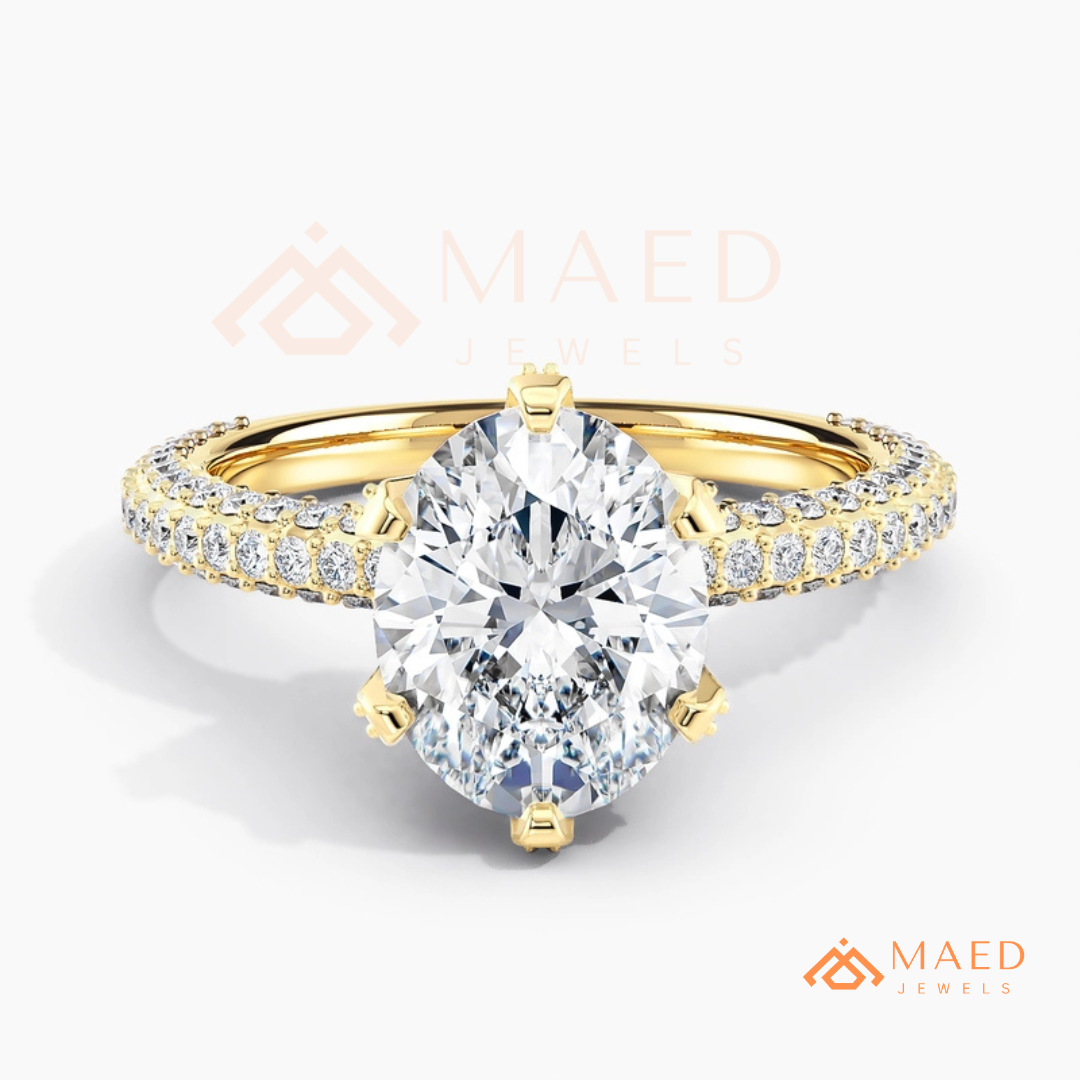 Oval Cut Engagement Ring | Triple Row Micro Pave Band in 14K Gold & Sterling Silver