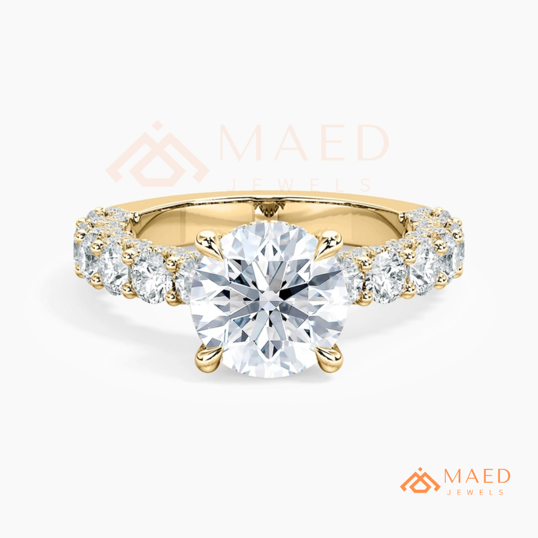 Round Brilliant Cut Engagement Ring with Shared Prong Band | 14k Gold, Rose Gold & Silver