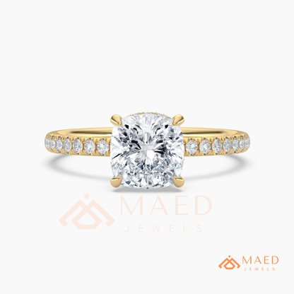Brilliant Cushion Cut Engagement Ring | Pavé Diamond Band in 14K Gold, Rose Gold & Sterling Silver