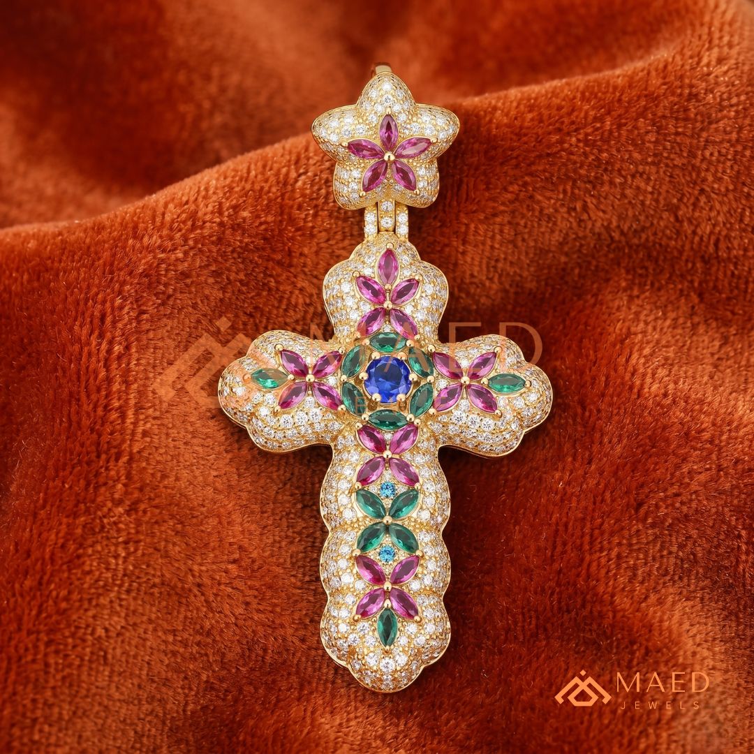 Iced Out Baroque Cross Statement Pendant with Pink & Green Stones
