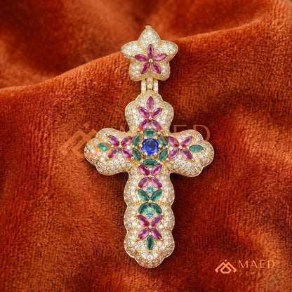 Iced Out Baroque Cross Statement Pendant with Pink & Green Stones