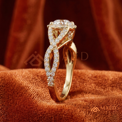 Entwined Infinity Halo Diamond Simulant Ring in 14K Yellow Gold, Rose Gold & Silver