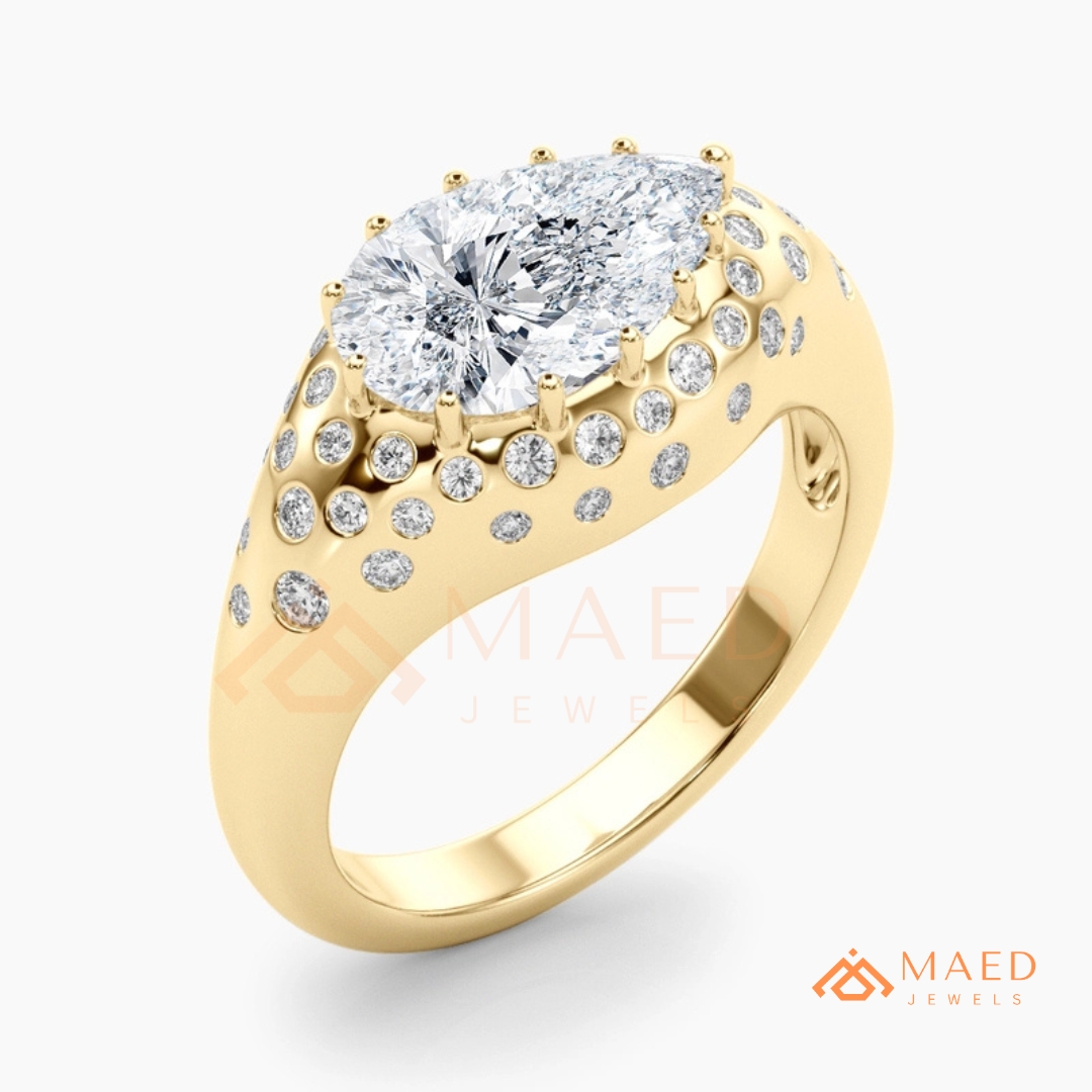 East-West Pear Cut Engagement Ring | Flush Setting Pave Dome Band in 14K Gold, Rose Gold & Silver