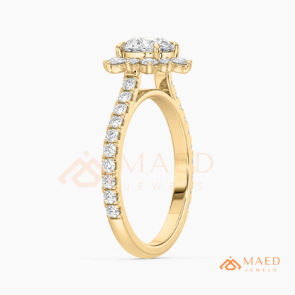 Vintage Starburst Halo Round Cut Engagement Ring with Pave Band in Silver, 14K Gold & Rose Gold