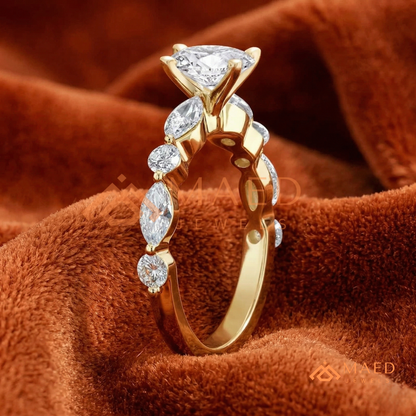 Round Cut Engagement Ring with Marquise Accents in Sterling Silver, 14K Gold & 14K Rose Gold