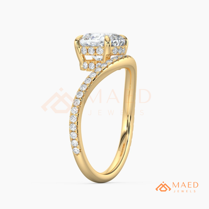 Cushion Cut Moissanite Chevron Engagement Ring, Curved Pavé Diamond Wishbone Wedding Ring in Silver, 14K Gold & Rose Gold