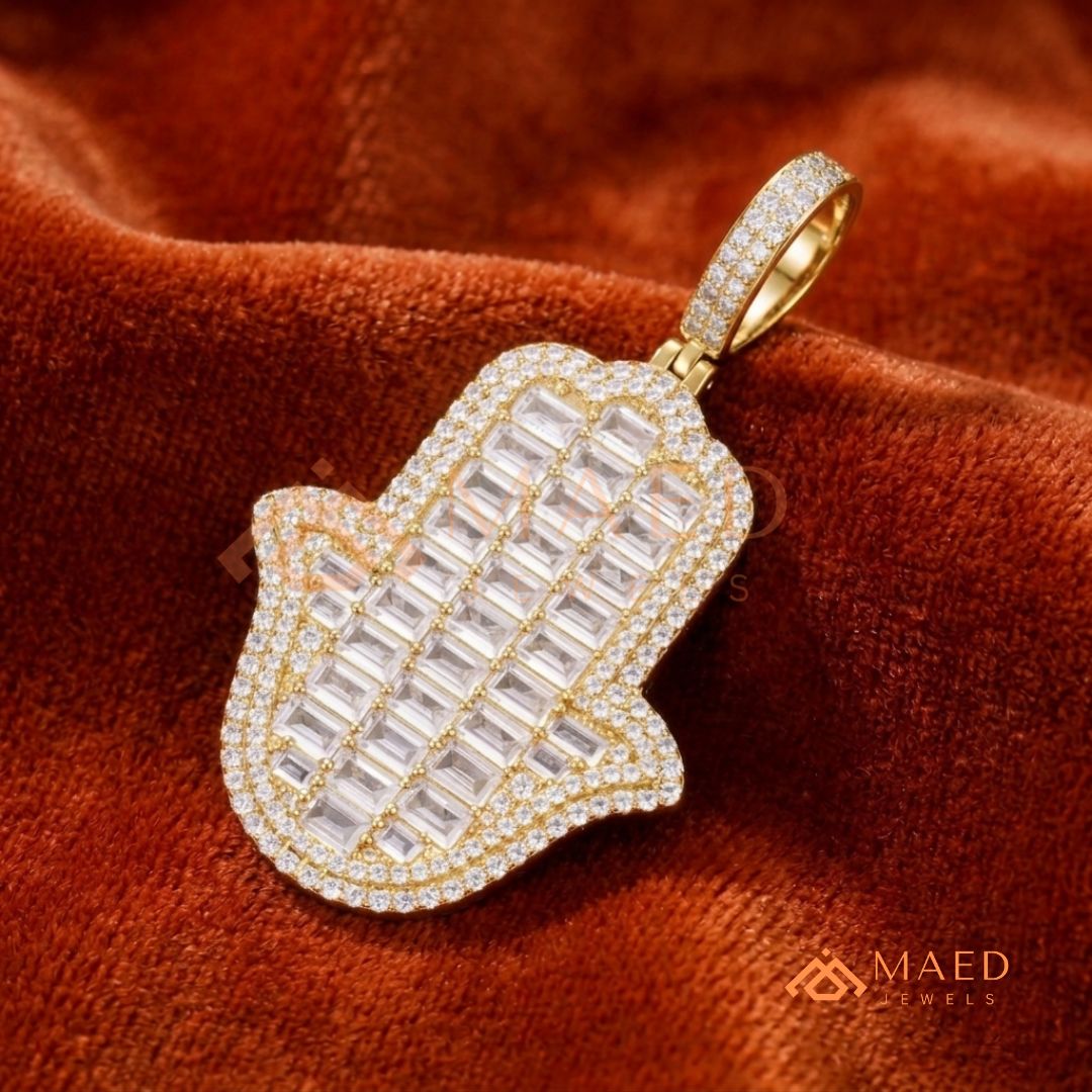 Iced Out Emerald Cut Hamsa Pendant | Sterling Silver, 14K Gold & Rose Gold