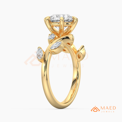 Nature Inspired Round Moissanite Engagement Ring, 6-Prong Marquise Leaf Twig Wedding Ring in Silver, 14K Gold & Rose Gold